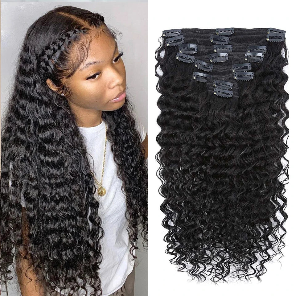 Brazilian Clip-In Extensions Natural Human Hair Full Head Hair Extension for Women Deep Wave and Easy to Use Hair Clips Hair