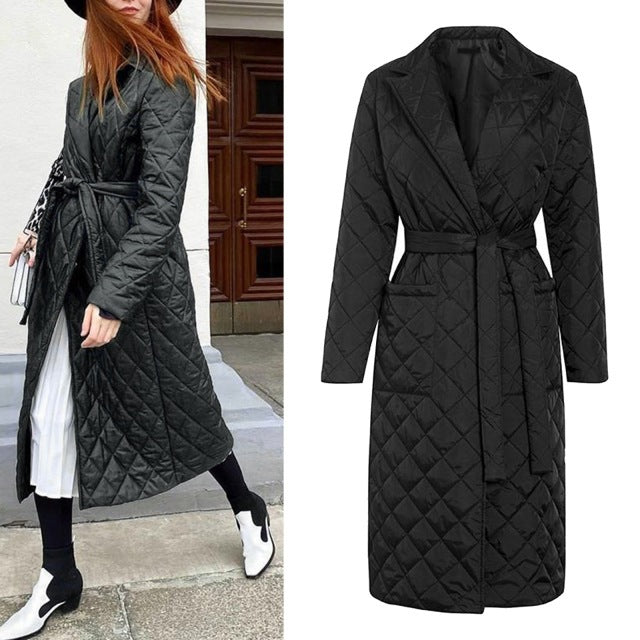 Windbreaker Long Women's Coats Long Straight Winter Coat With Rhombus Pattern Casual Belt Long Coat Women Puffer Jacket