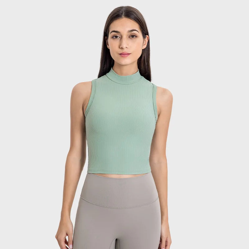 Xsunwing Sports Crop Tank Tops Women Seamless Ribbed Activewear Round High Neck Workout Crop Top Casual Yoga Gym Vest WDQ102