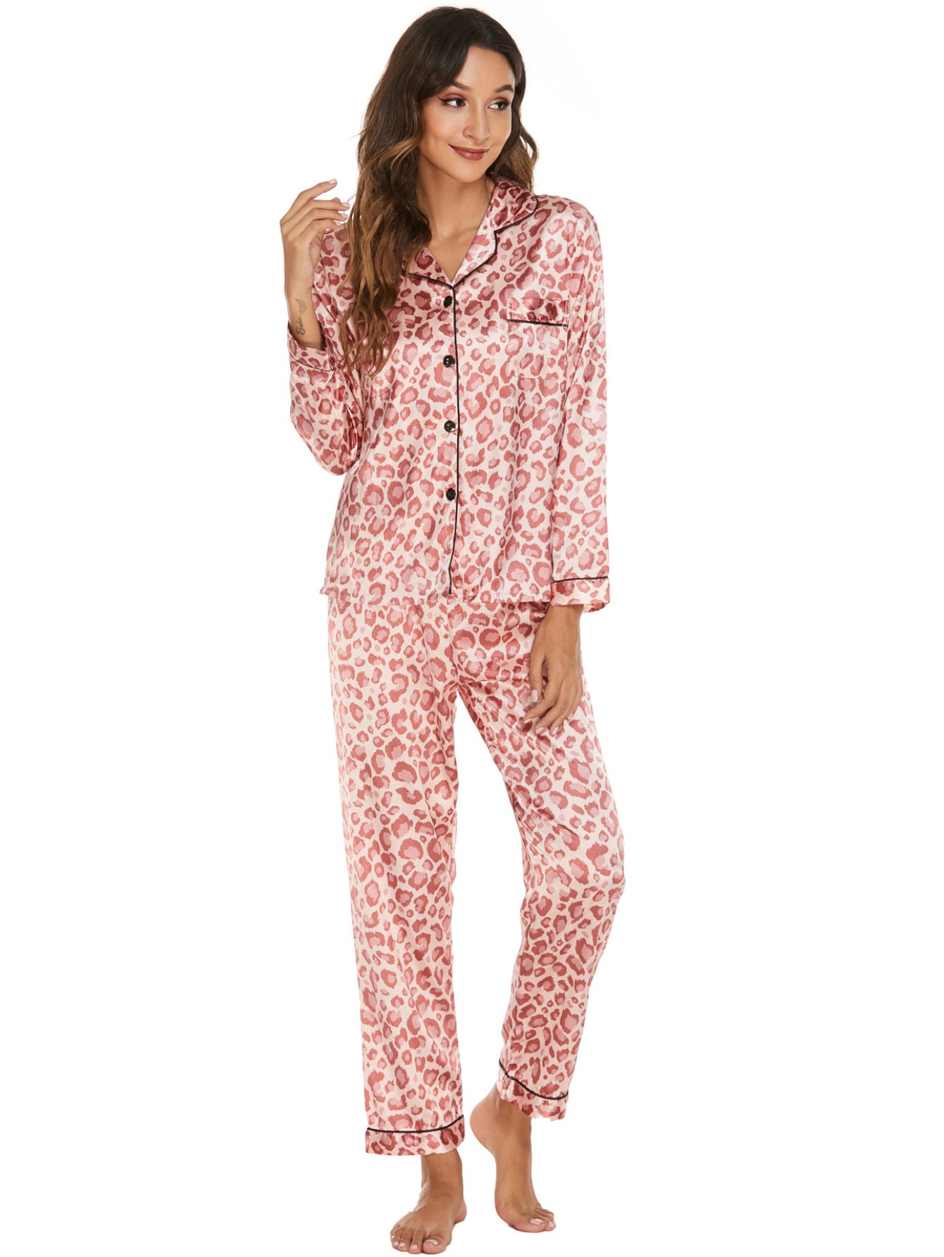 Womens New Arrival Homewear Pajamas Suit Pijamas Sexy Long Sleeve Silk Satin Pajama