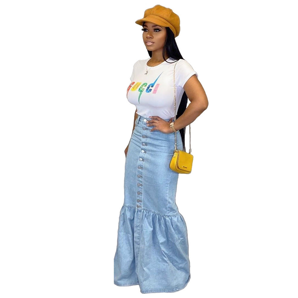 New Product Wholesale Long Denim Skirts Slim Flower Denim Skirt Ladies Denim Skirt