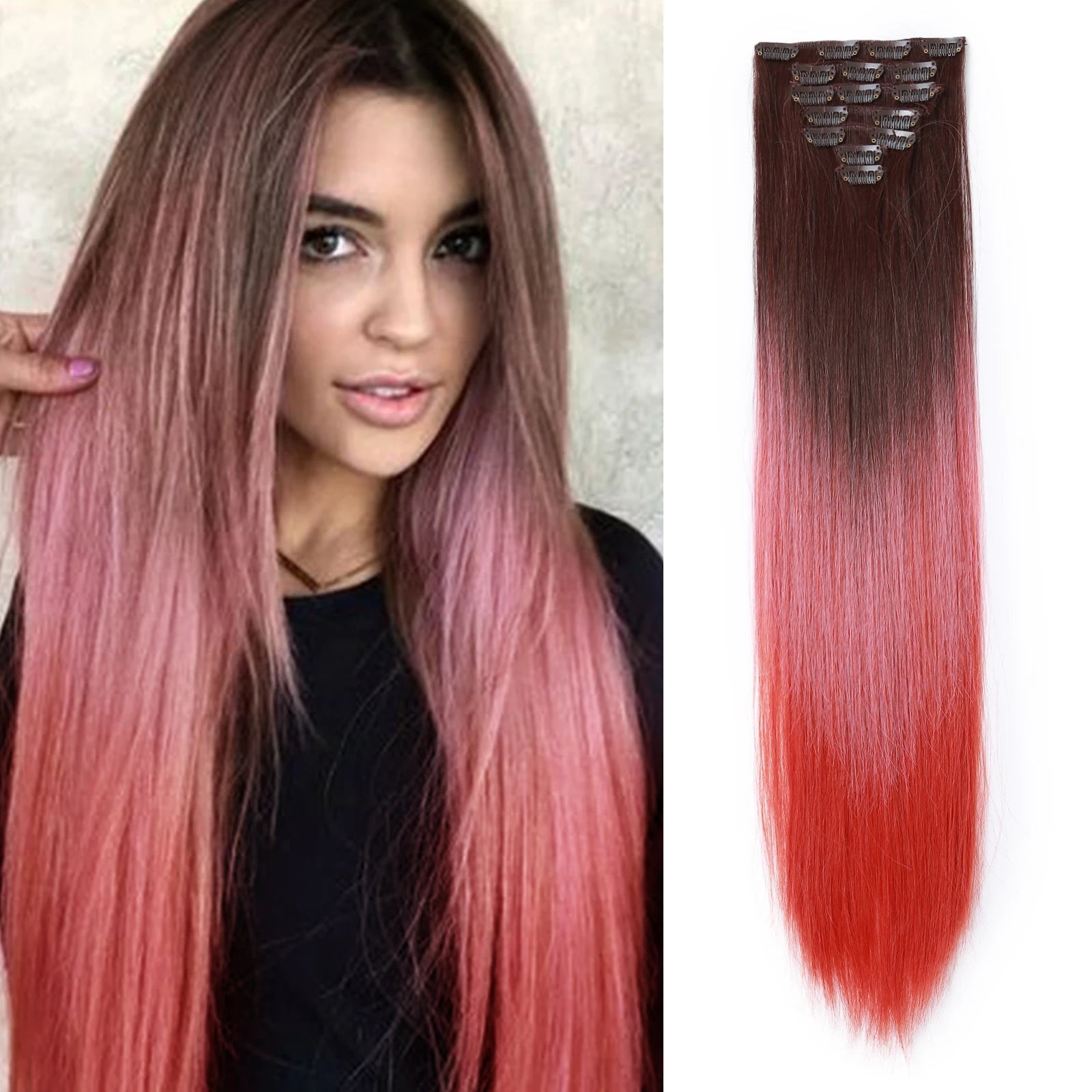 Two-Color Gradient Clip Hair Extension 24" Synthetic Wig Band Clip Clip in Hair Extensions