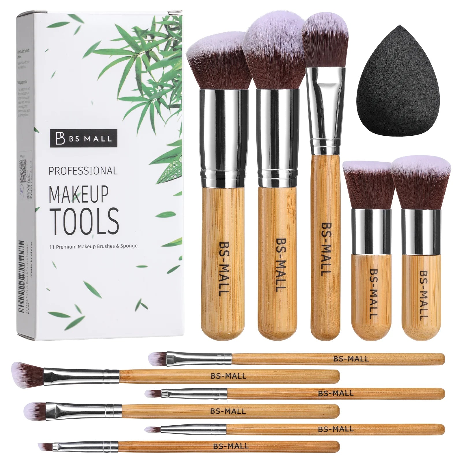 BS-MALL 11 Piece Bamboo Makeup Brush Tools Set Eco-Friend Vegan Synthetic Fiber Make Up Brushes With Makeup Sponge Set - My Store