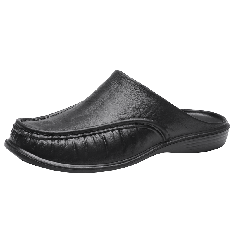 Autumn and Winter Trendy Men's Flat Leather Slippers Casual Anti-Slippery and Breathable With Slip-On Closure and Cushioning