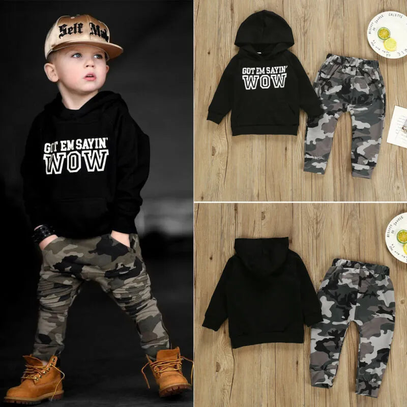1-6t Boys Clothes Set Black Letter Boys Hooded Sweater Boys Hoodies Tops Camouflage Pants Set Children Boys Outfits
