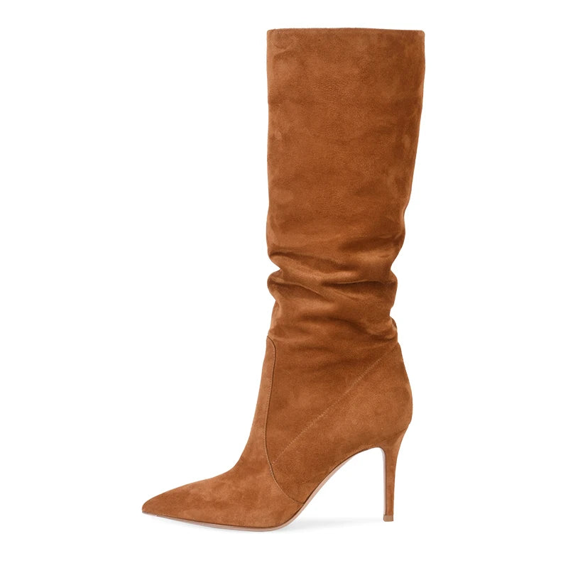 Brown Faux Suede Knee High Boots Slouch 2025 Women Shoes Winter Slouchy Long Boots Woman High Heel Latest Camel Ladies Tall Boot