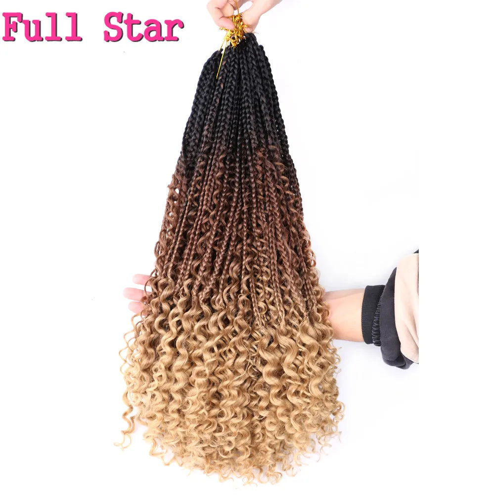 Full Star 22Inch 12 Strands Tight Box Braids Crochet Hair Wavy Ends Synthetic Hair Extensions Ombre Black Brown Color