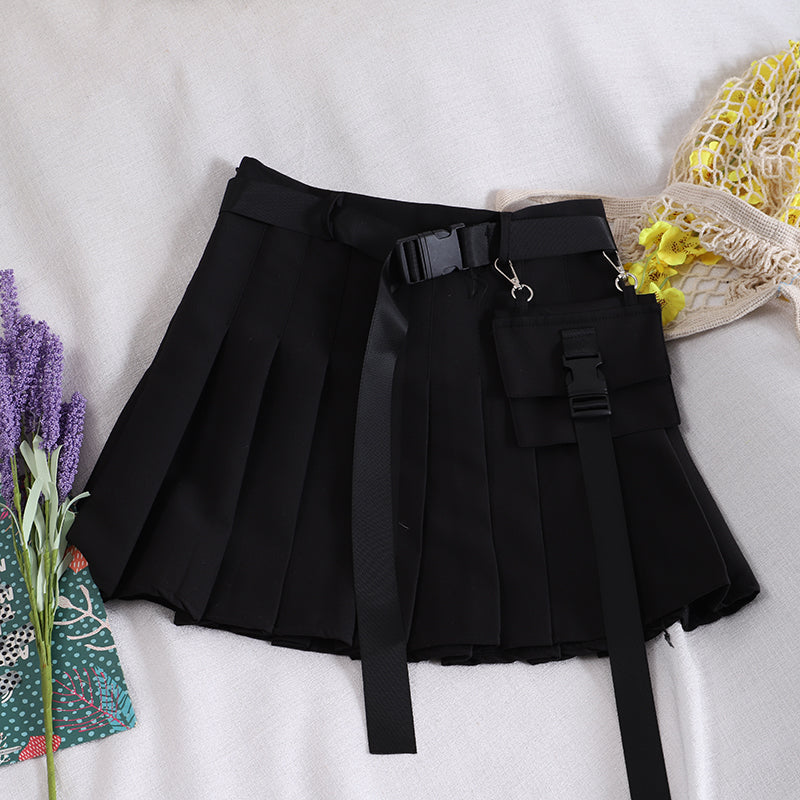 Women Streetwear Tooling Half-Length Pleated Skirt Safari Black Short Skirt Fashion High Waist Harajuku Women Skirts