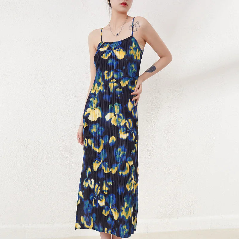New Summer Miyake Women Pleated Sleeveless Dresses Ladies Casual Halter Dresses Printed Shift Dress