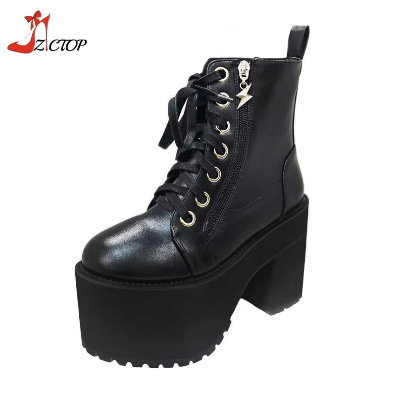 Women Platform Boots High Chunky Heel Ankle Boots Black Punk Style Lace Up Motorcycle Boot Lady Autumn Winter Shoes Big Size 43