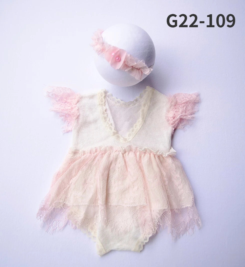 0-3Month Baby Newborn Photography Props Baby Hat Baby Girl Lace Romper Bodysuits Outfit Photography Clothing