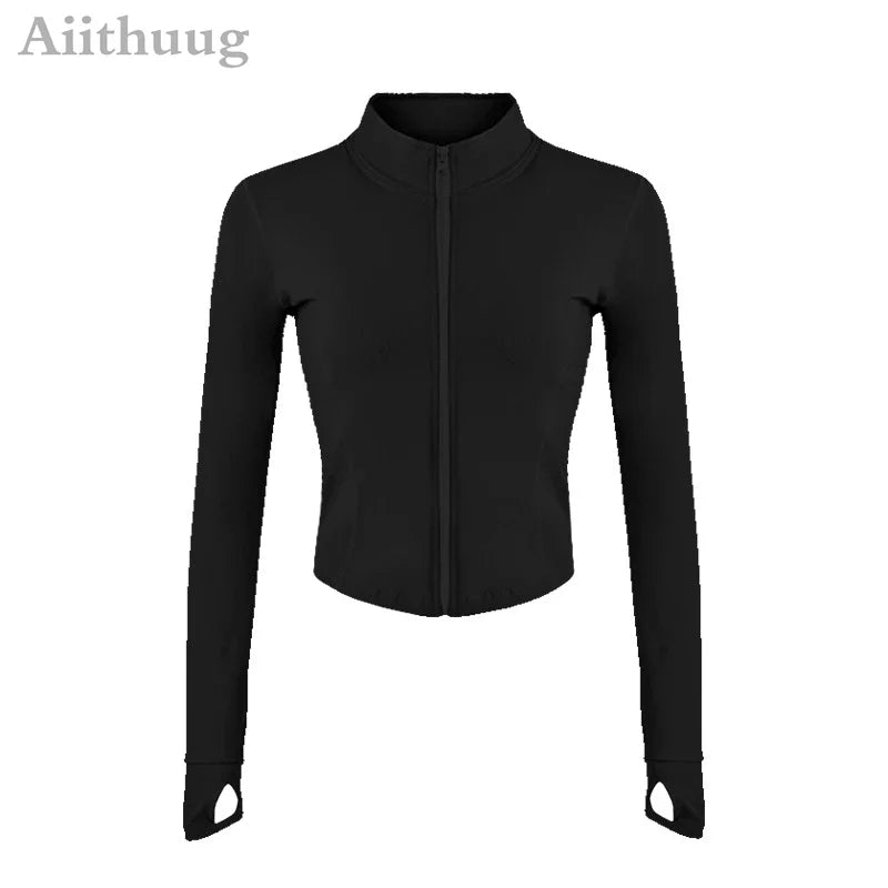 Aiithuug Women Full Zip-Up Yoga Top Workout Running Jackets With Thumb Holes Stretchy Fitted Long Sleeve Crop Tops Activewear