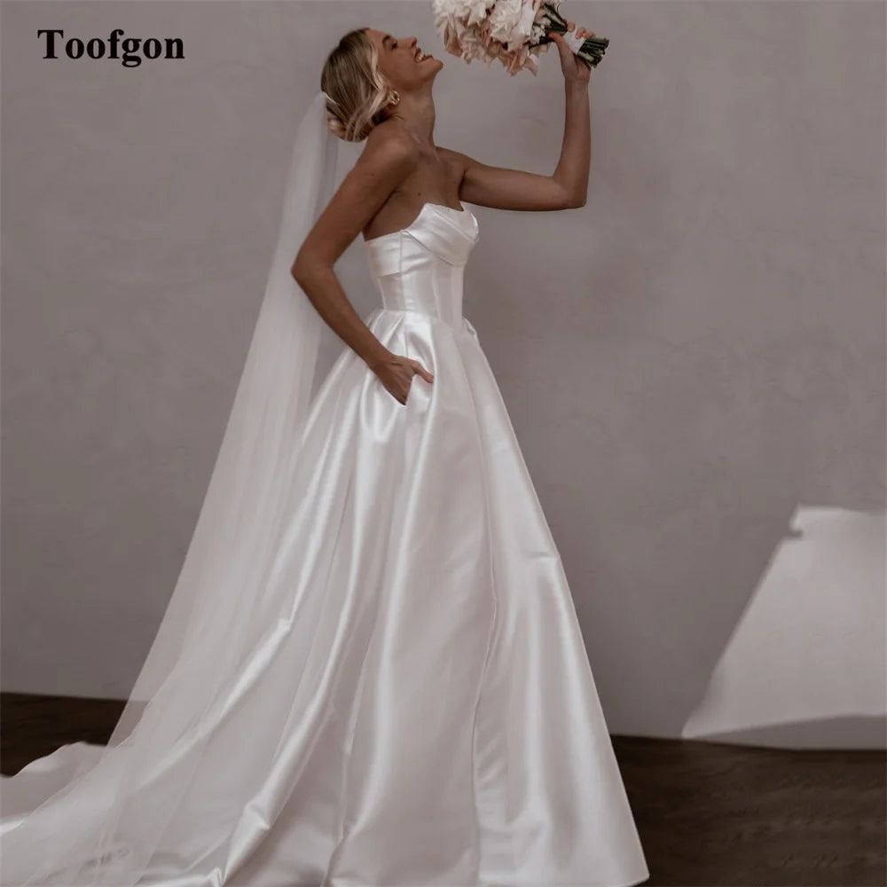 Toofgon Customized a Line Wedding Dresses With Pockets Pleats Strapless Buttons Formal Party Wedding Gowns Bridal Dress 2024 - My Store