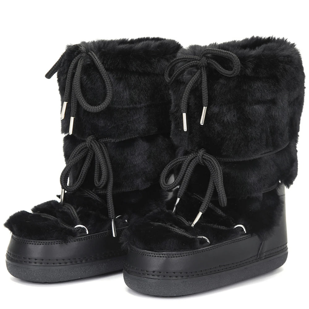 2025 Winter Boots Women Fur Boots Lace-Up Platform Snow Boots Brand Waterproof Non-Slip Warm Cotton Boots Leather Ski Boots