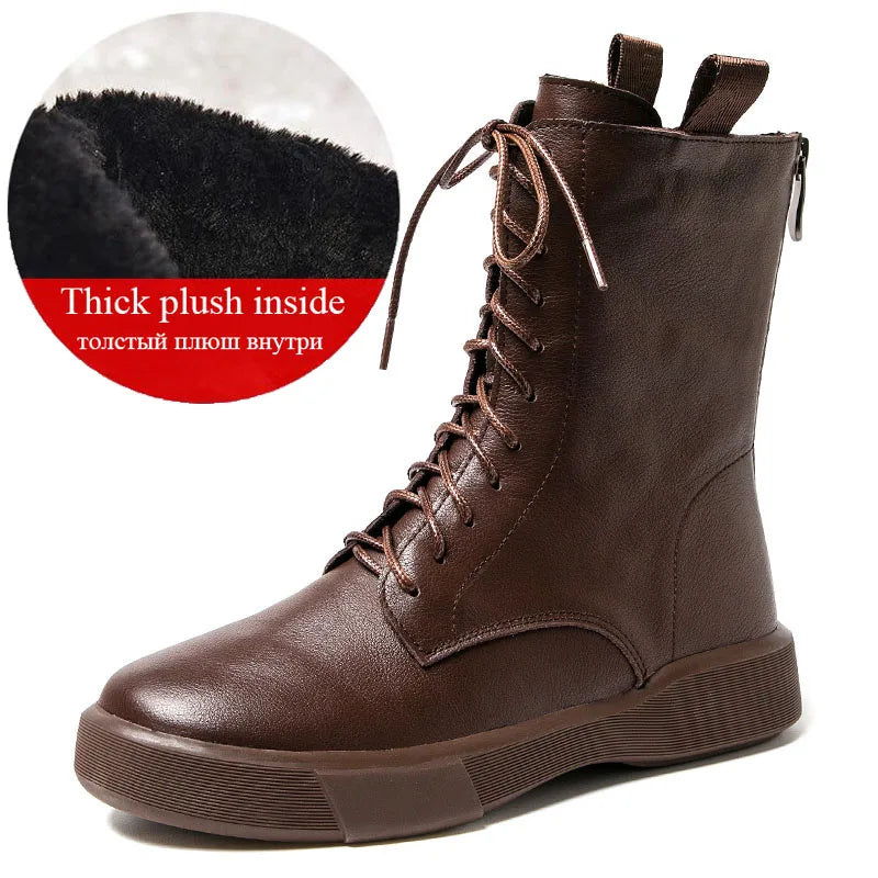 DRKANOL 2025 Fashion Women Boots Autumn Winter Shoes Soft Bottom 100% Genuine Leather Flat Mid Calf Boots Women Casual Warm Boot