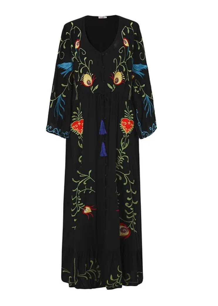 Jastie 2025 Spring Autumn Women Dress Loose Casual Kimono Dresses Floral Embroidered Maxi Dress Boho Ruffle Hem Beach Dresses