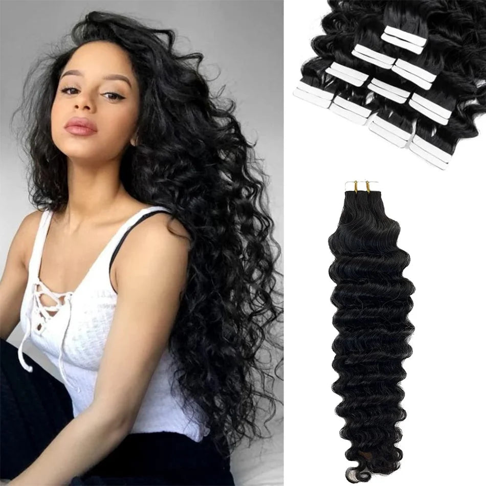 Deep Wave Tape in Extensions 100% Human Hair Deep Curly Tape on Hair Extensions Skin Weft Remy Natural Hair Extensions #1B