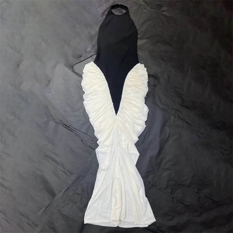 Womens Dresses New Color Blocking Patchwork Sleeveless Long Dress for Summer 2025 Elastic Slim Fit Backless Dress Party Dresses