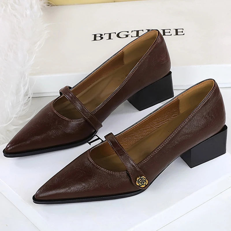 BIGTREE Shoes Retro Low Heeled Women's Shoes Sharp Pointed Mary Jane Shoes Temperament Party Shoes Women Heels Office Shoes 2025
