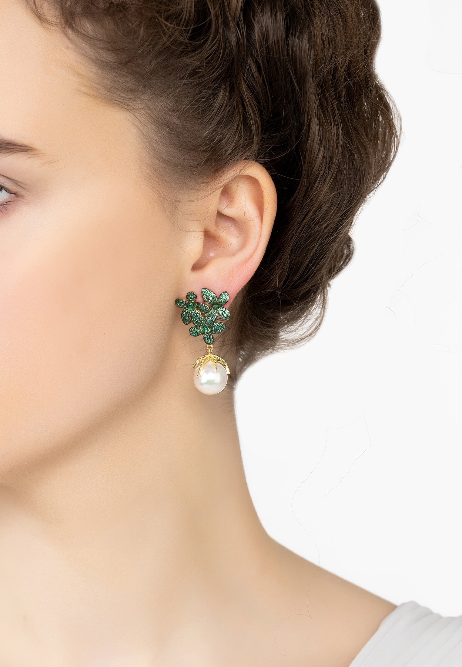 Flowers Pearl Earrings Emerald Green Gold - My Store