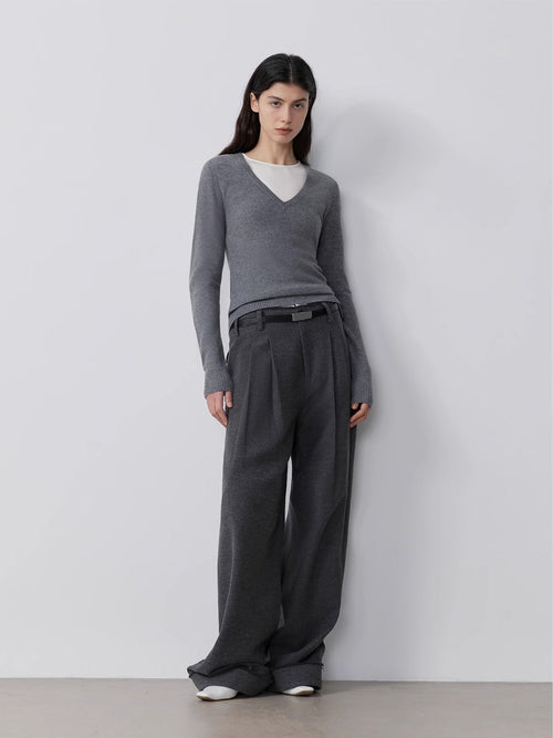 "Commuting Rules" Worsted Wool Blend Waistless Raw Edge Wide Leg Pants Slimming Scimitar Casual Pants