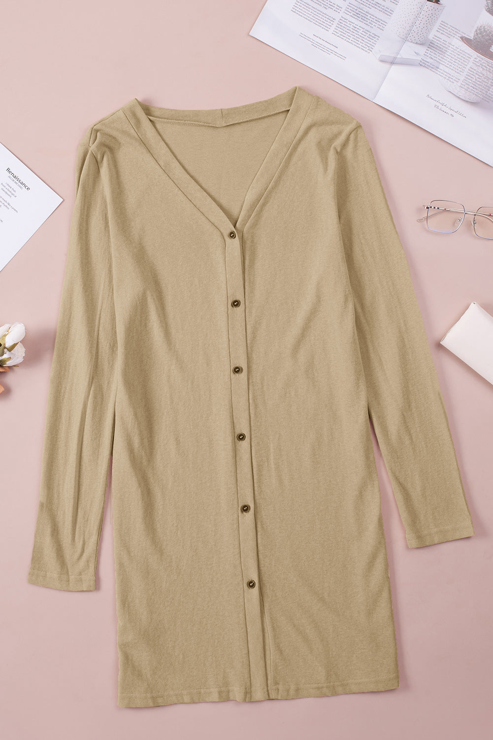 Solid Color Open-Front Buttons Cardigan - My Store