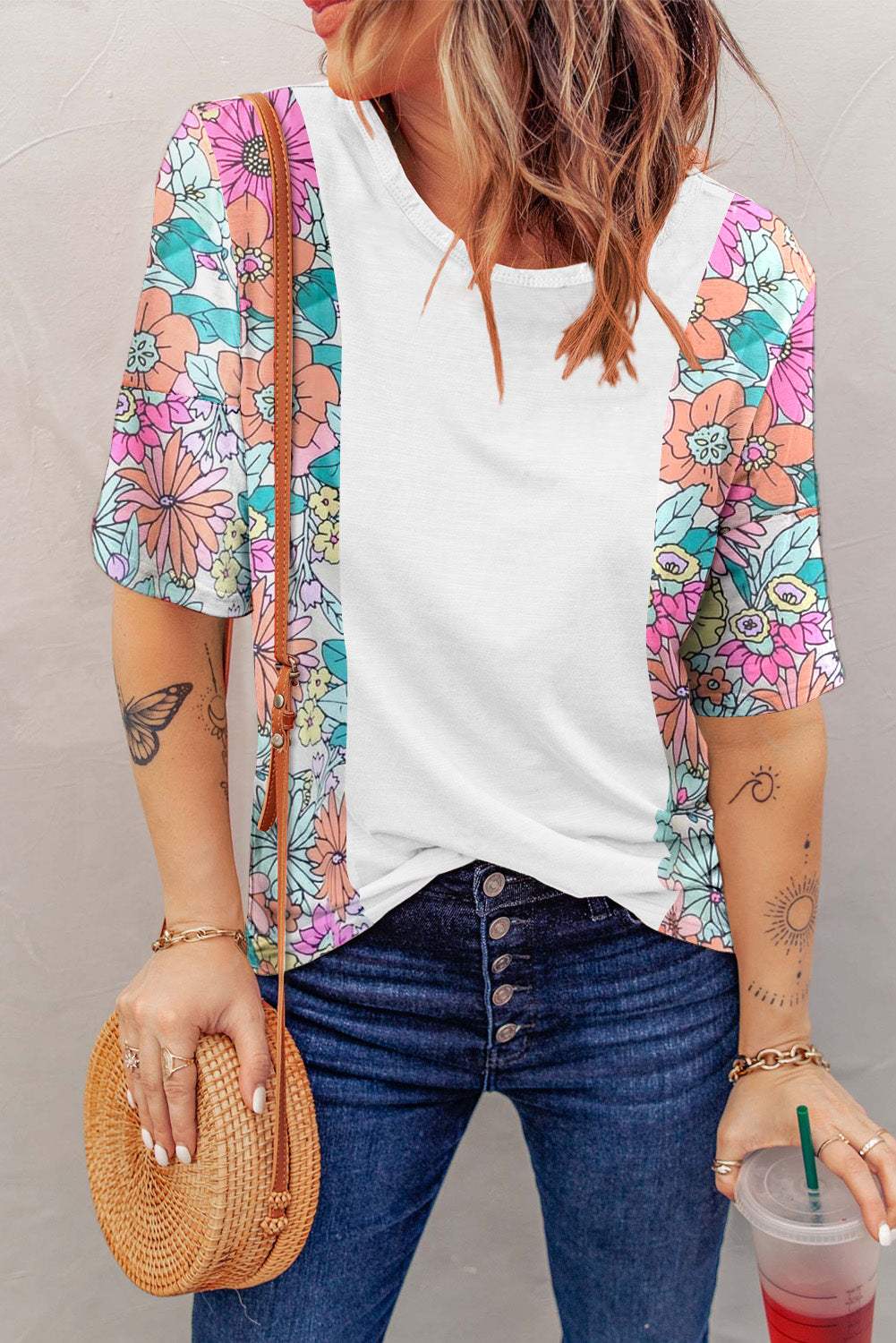 White Floral Print Patchwork Short Sleeve Top - My Store