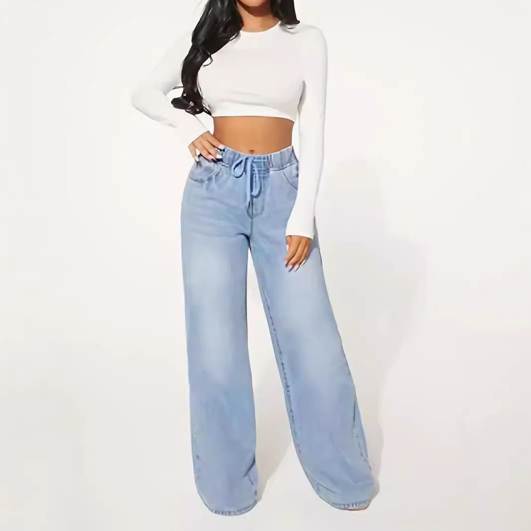 25 Edition – High Waist Drawstring Wide Leg Jeans – Light Blue - My Store