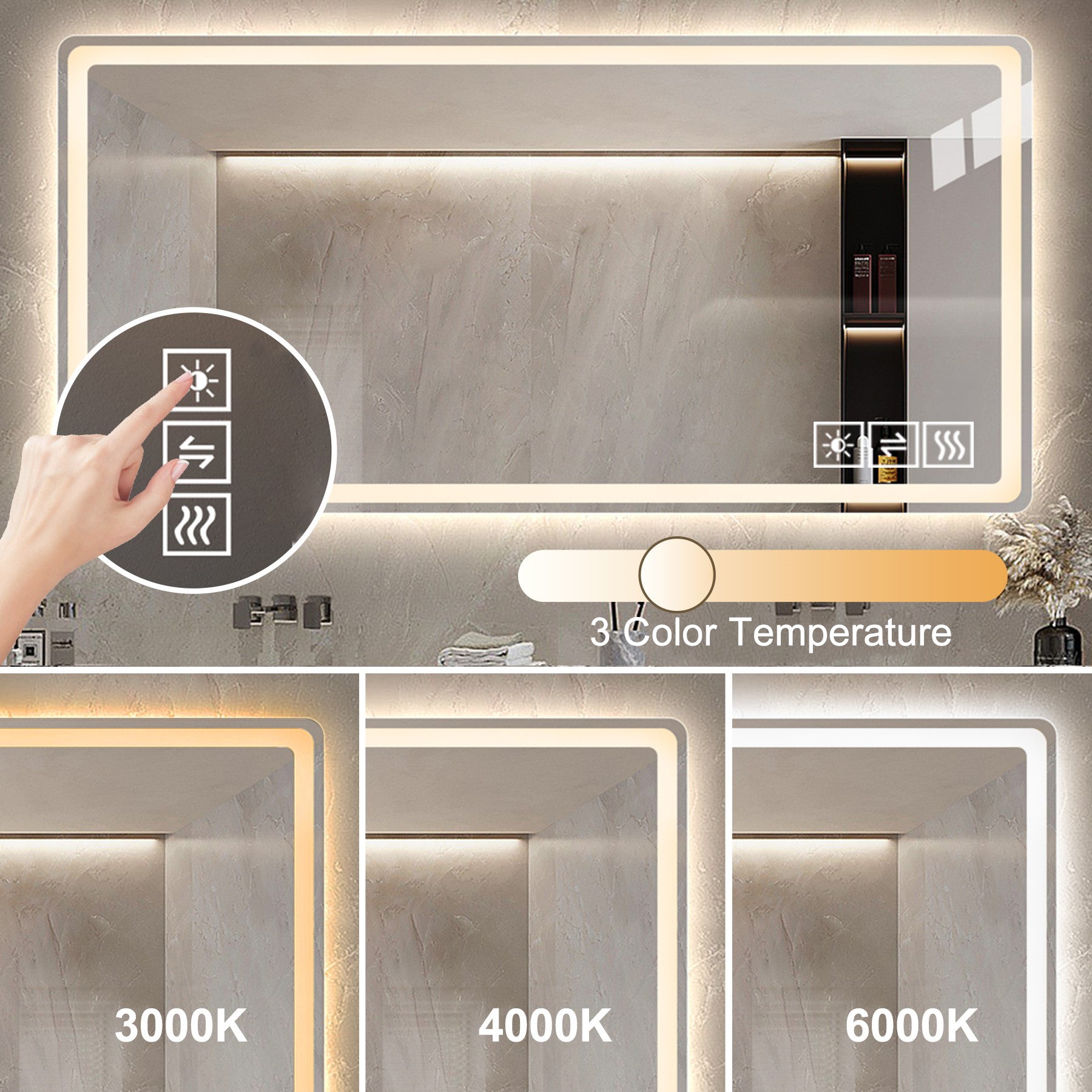48*32 Inch Bathroom Mirror With Led Lights , Anti-Fog Lighted Vanity Mirrors for Wall Mounted, 3 Colors and 5 Level Dimm