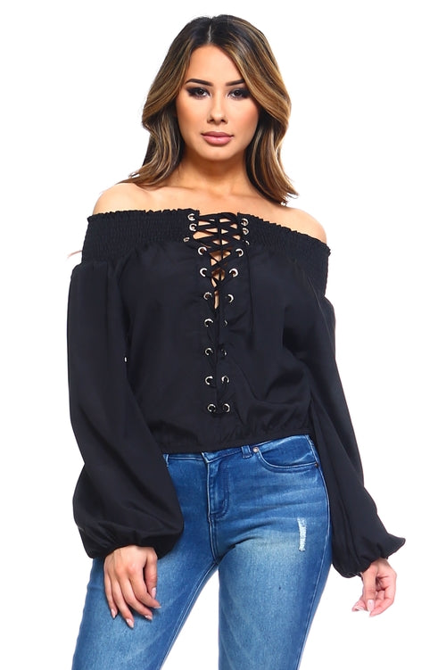Women's Lace-Up Off Shoulder Elastic Blouse - My Store