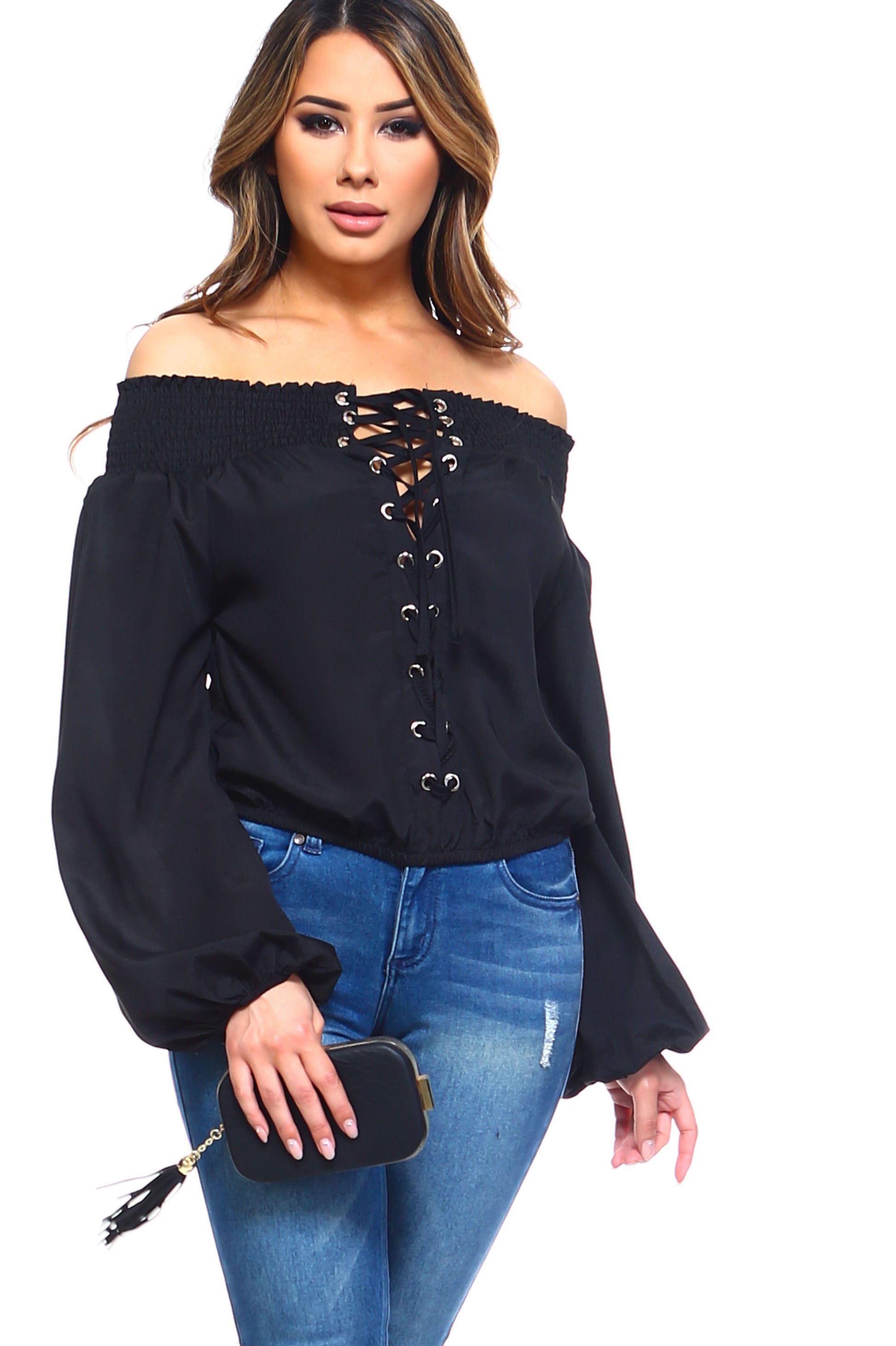 Women's Lace-Up Off Shoulder Elastic Blouse - My Store