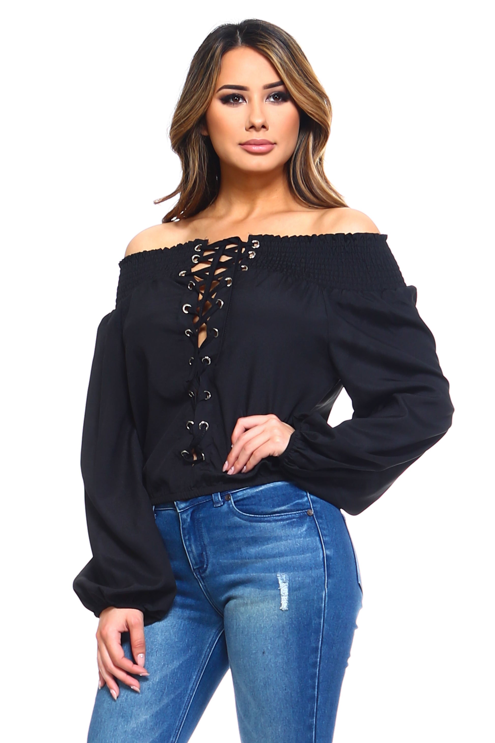 Women's Lace-Up Off Shoulder Elastic Blouse - My Store