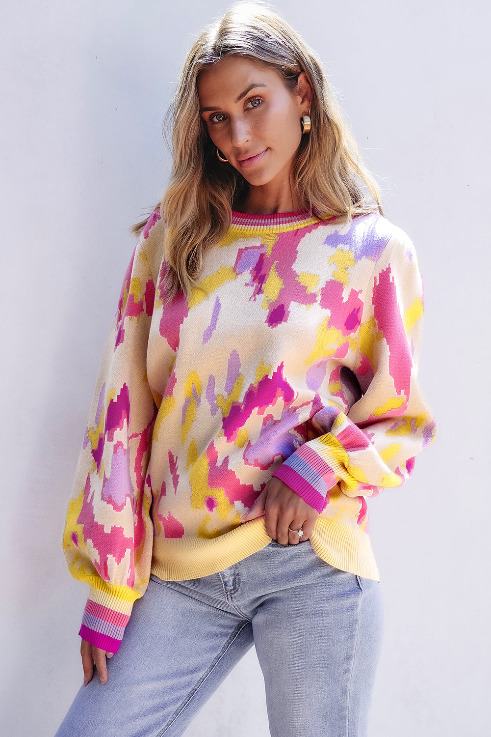 Khaki Abstract Print Colorblock Balloon Sleeve Sweater - My Store