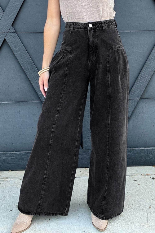 Dark Grey Pleated Wide Leg Mineral Wash Denim Pants - My Store