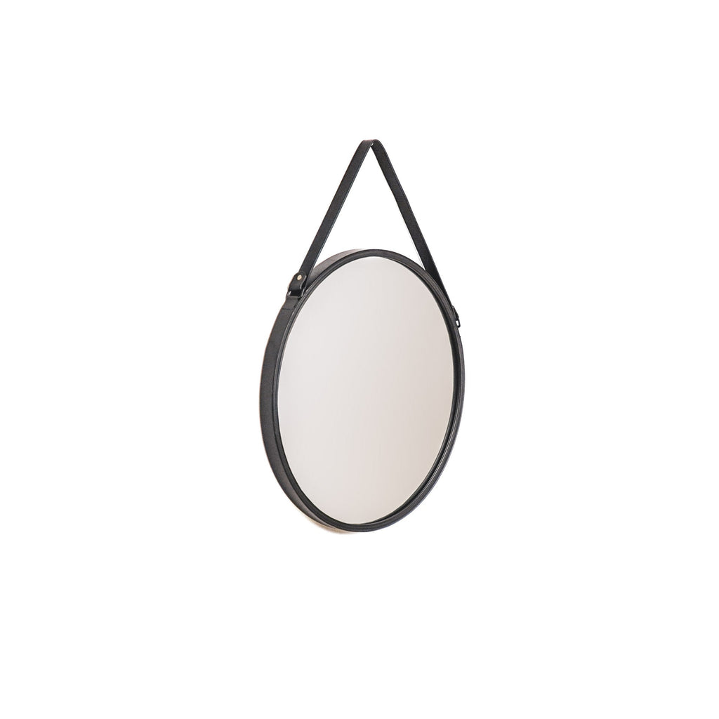 Mirror - Round Wall Mirror - Leather/Metal - Black - Ø50cm - My Store