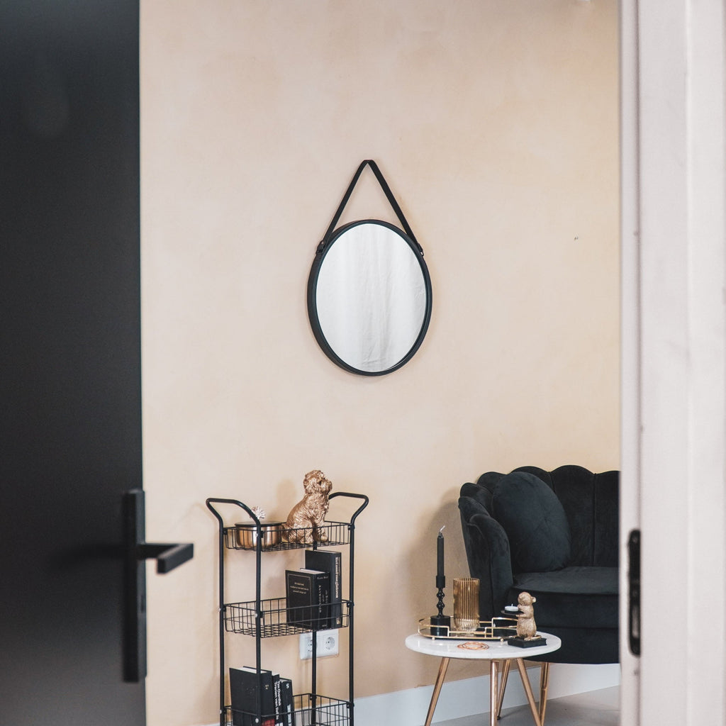 Mirror - Round Wall Mirror - Leather/Metal - Black - Ø50cm - My Store