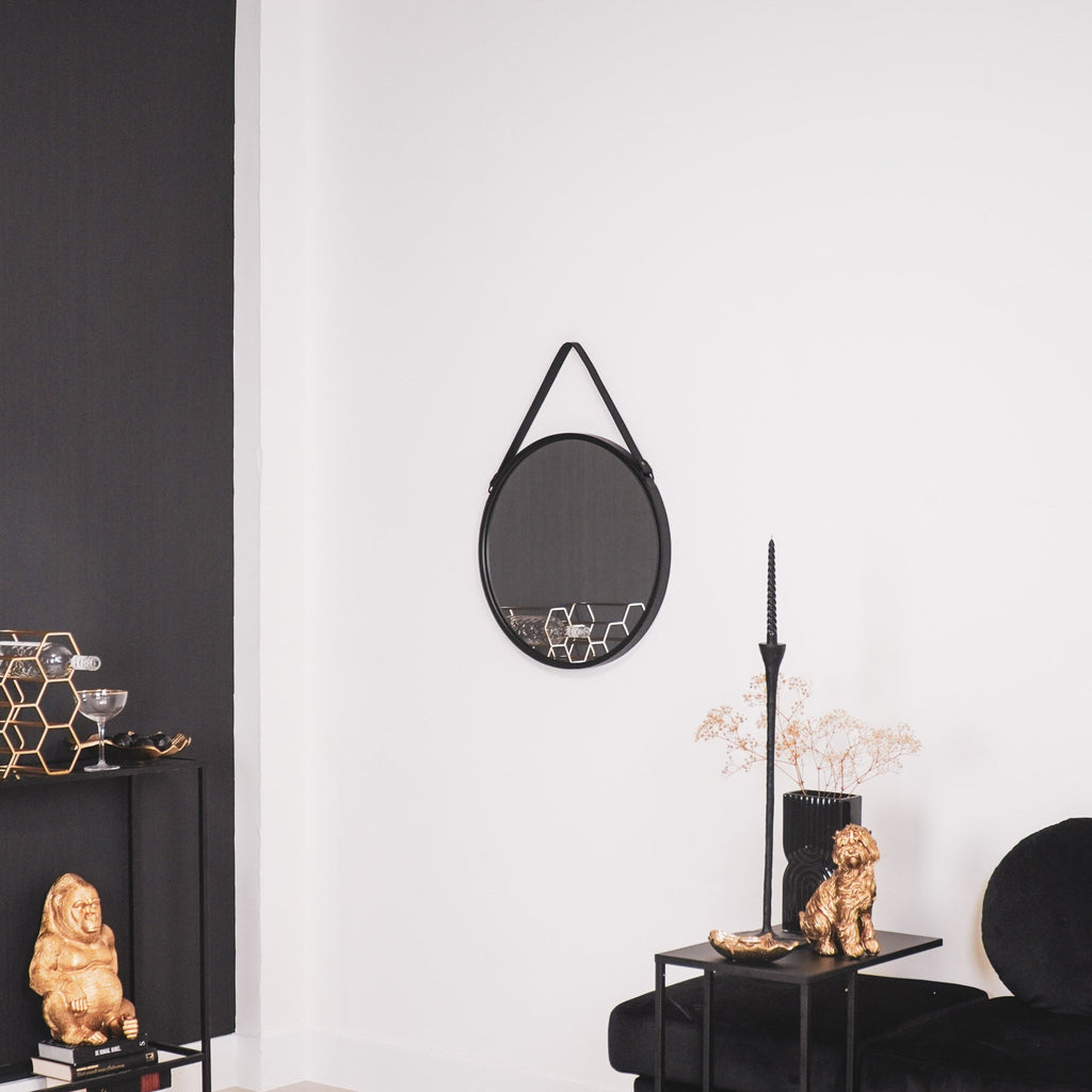 Mirror - Round Wall Mirror - Leather/Metal - Black - Ø50cm - My Store