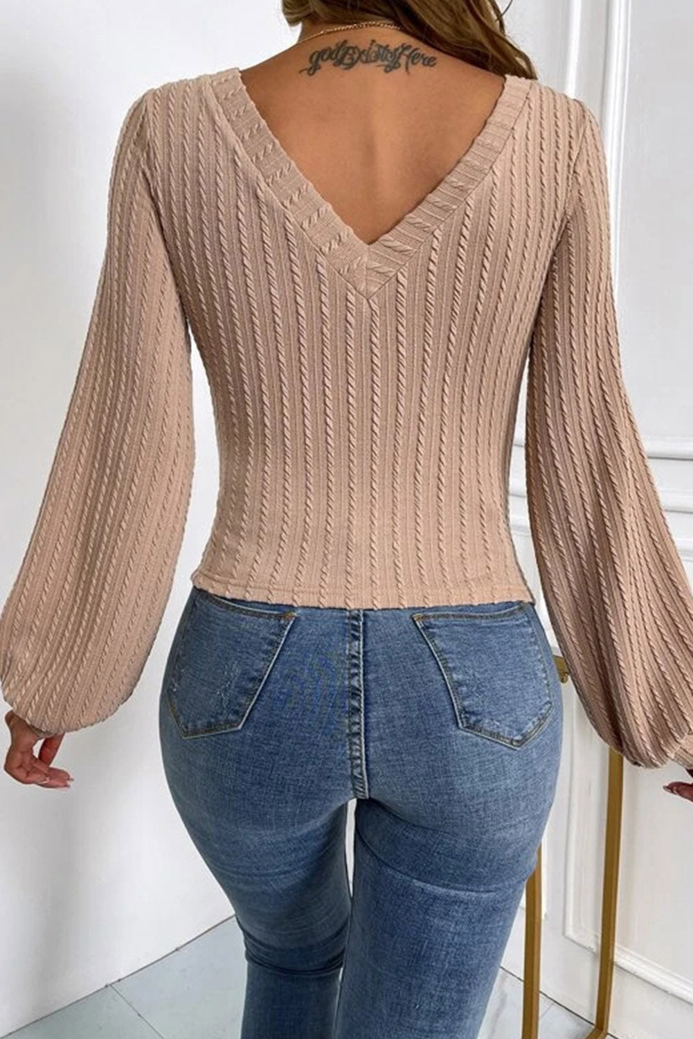Khaki Knitted Jacquard V Neck Lantern Sleeve Top - My Store