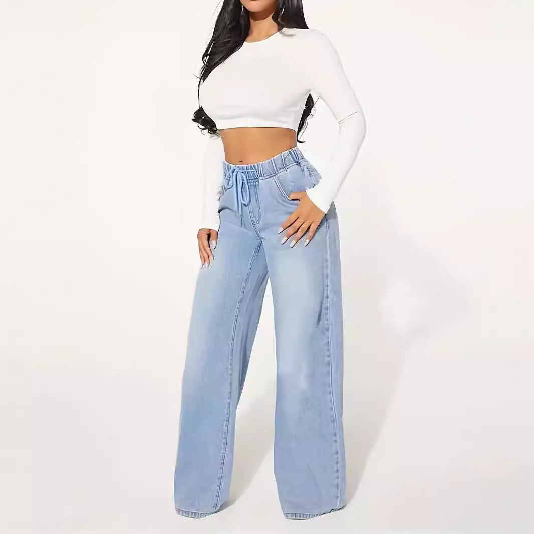 25 Edition – High Waist Drawstring Wide Leg Jeans – Light Blue - My Store