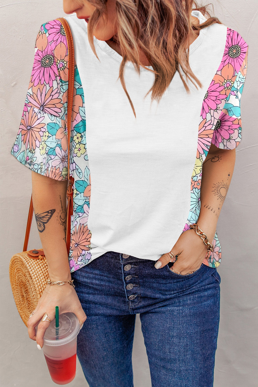 White Floral Print Patchwork Short Sleeve Top - My Store