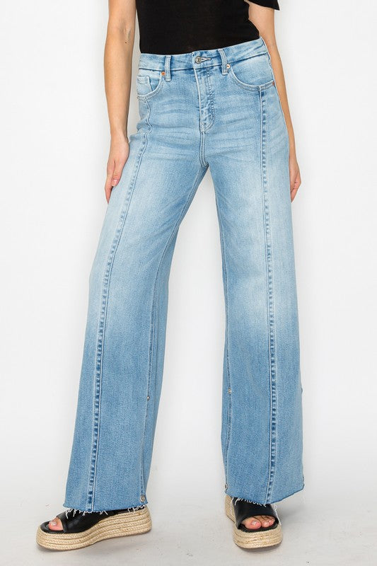 FRONT HEM DETAILING MID RISE BAGGY WIDE LEG JEANS - My Store