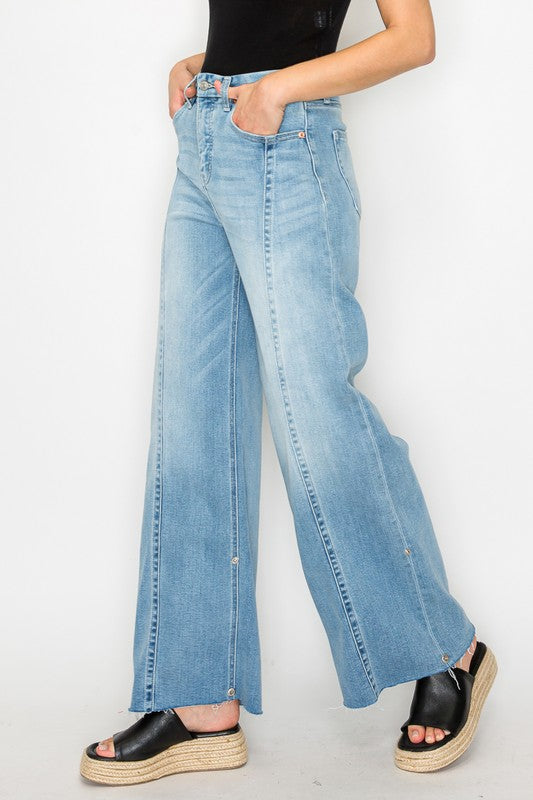 FRONT HEM DETAILING MID RISE BAGGY WIDE LEG JEANS - My Store