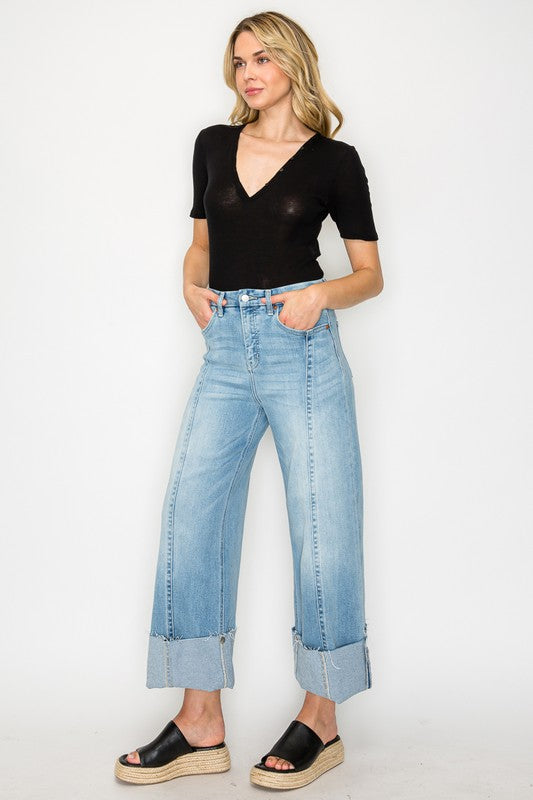 FRONT HEM DETAILING MID RISE BAGGY WIDE LEG JEANS - My Store