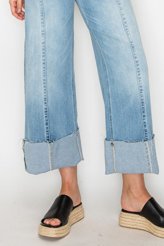 FRONT HEM DETAILING MID RISE BAGGY WIDE LEG JEANS - My Store