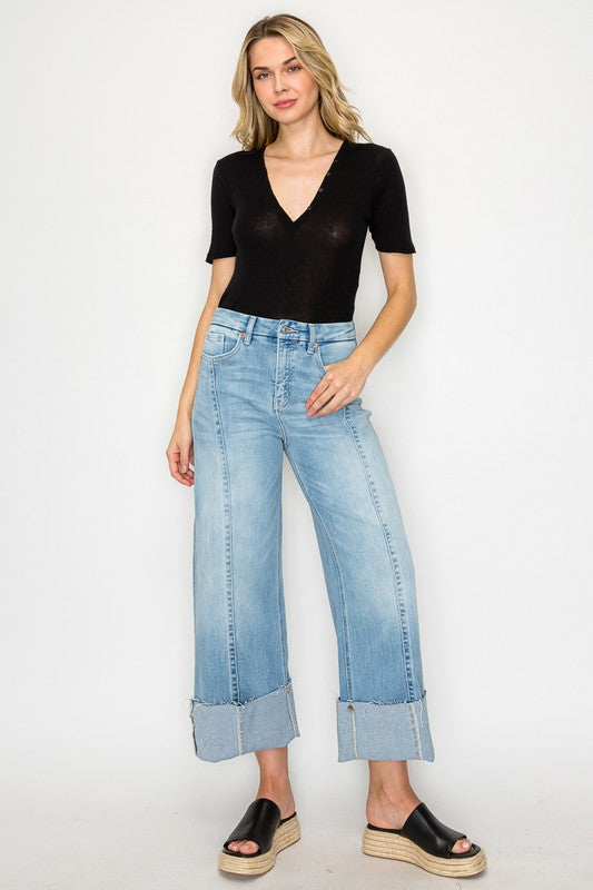 FRONT HEM DETAILING MID RISE BAGGY WIDE LEG JEANS - My Store