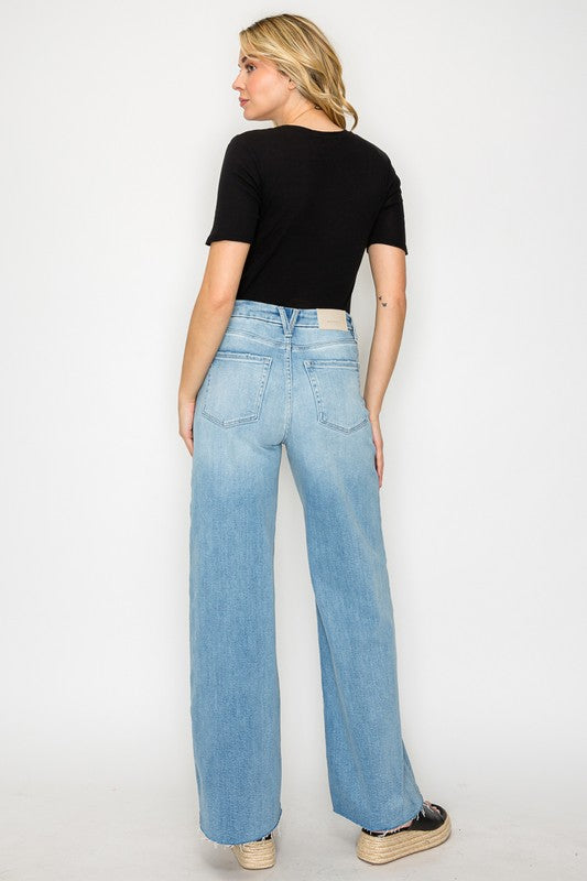 FRONT HEM DETAILING MID RISE BAGGY WIDE LEG JEANS - My Store