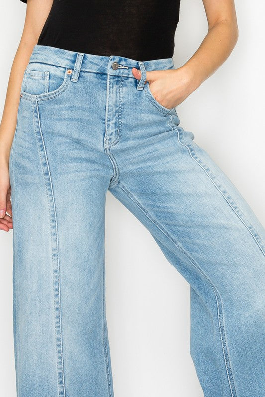 FRONT HEM DETAILING MID RISE BAGGY WIDE LEG JEANS - My Store