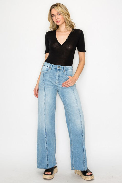 FRONT HEM DETAILING MID RISE BAGGY WIDE LEG JEANS - My Store