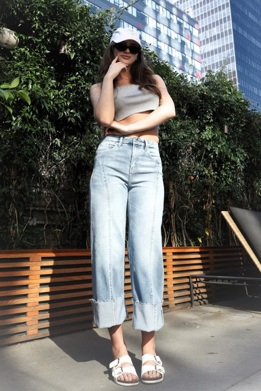 FRONT HEM DETAILING MID RISE BAGGY WIDE LEG JEANS - My Store