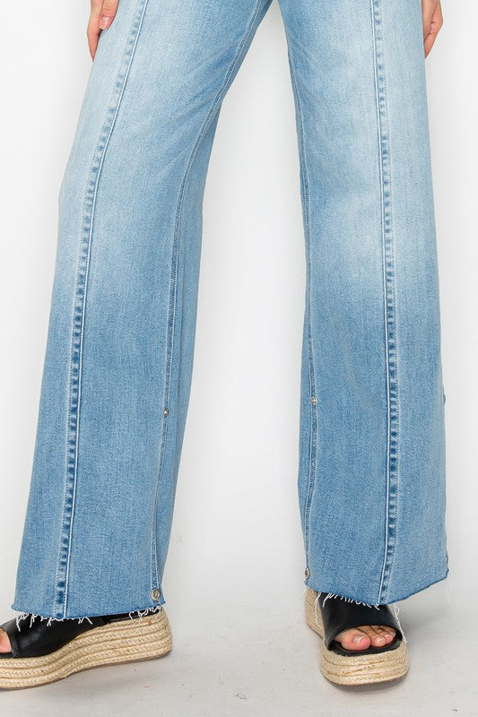 FRONT HEM DETAILING MID RISE BAGGY WIDE LEG JEANS - My Store